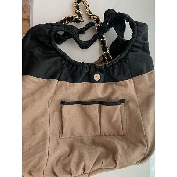 BE & D Soft Leather Hobo Shoulder Bag Camel Black Chain Strap Slouchy - Picture 4 of 5